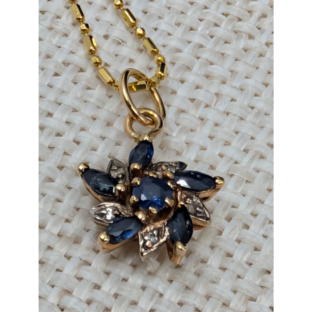 Solid 14K Gold Natural Blue Sapphire & Diamond Flower Pendant Necklace 585 Italy - Picture 5 of 16
